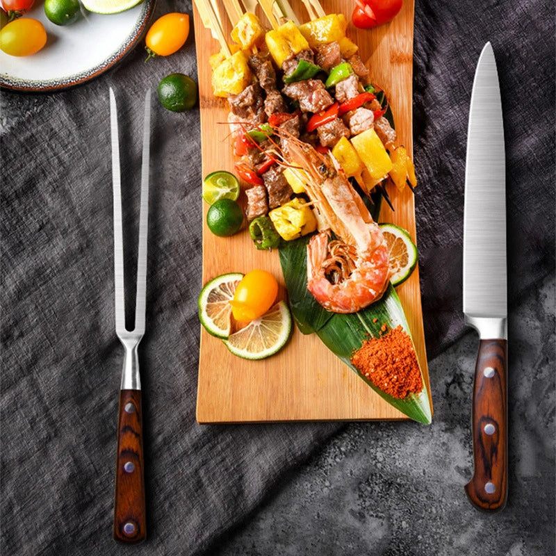 Stainless Steel Barbecue Knife and Fork with Color Handle